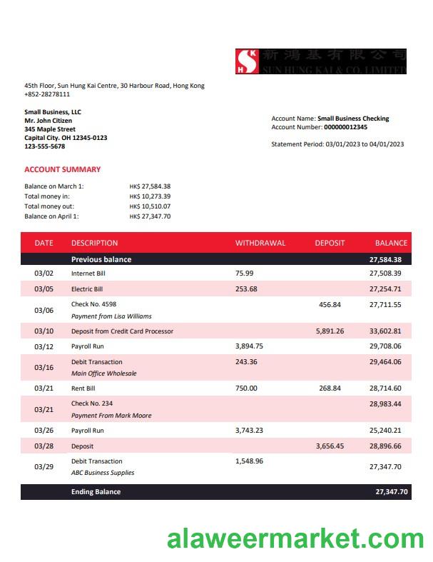 Sung Hung Kai Bank company account statement Word and PDF template